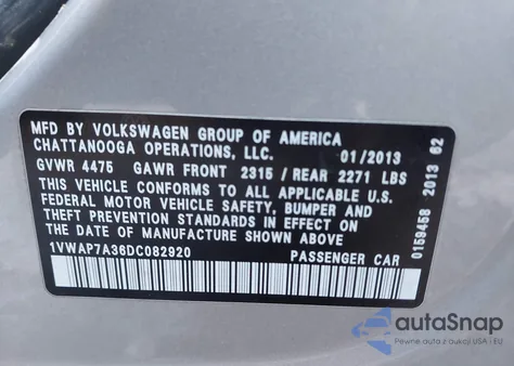 2013 Volkswagen Passat S z USA, uszkodzony, nr VIN 1VWAP7A36DC082920